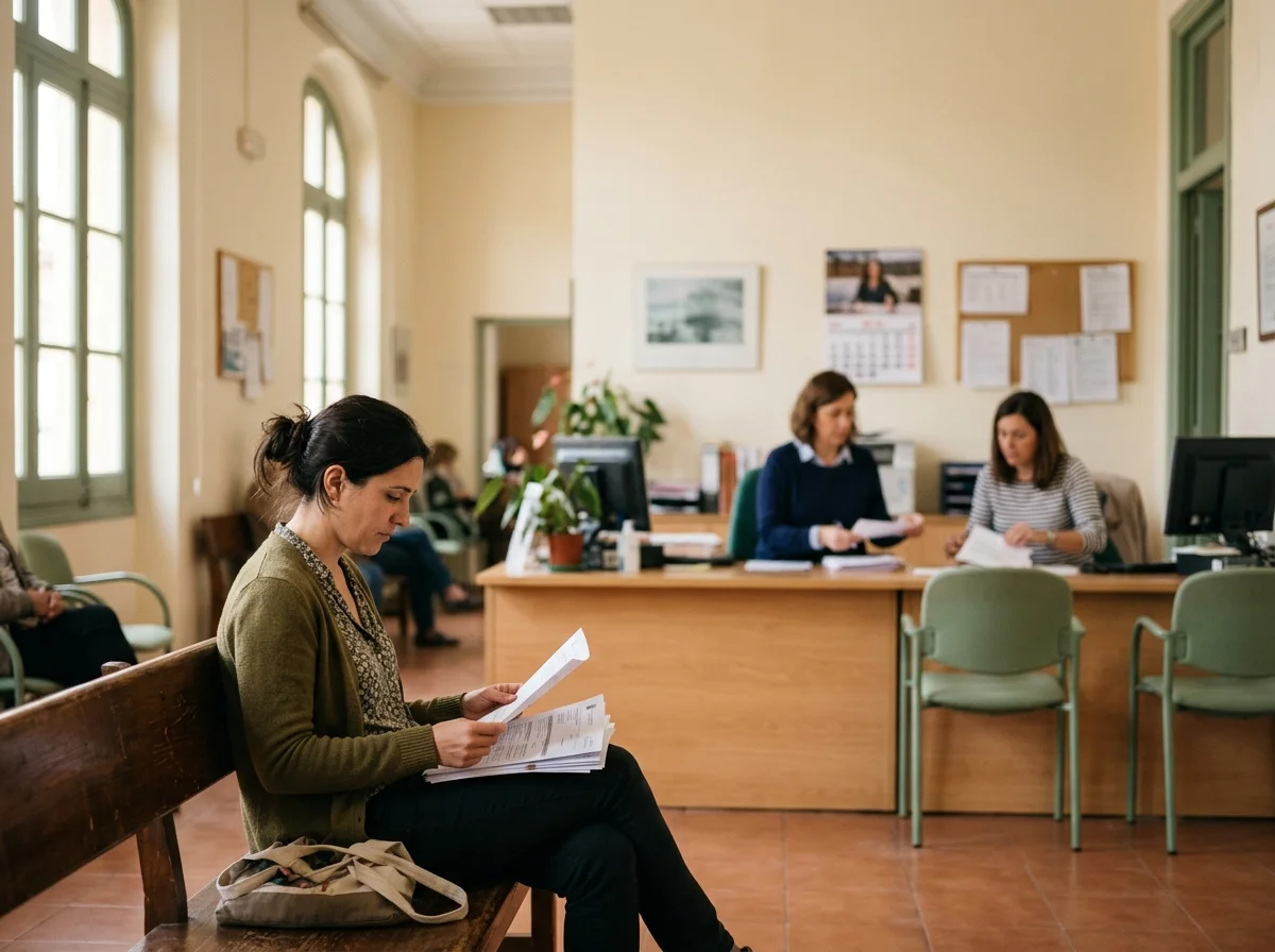 Mujer sentada en la sala de espera de un ayuntamiento revisando documentos, con dos empleados al fondo desenfocados.