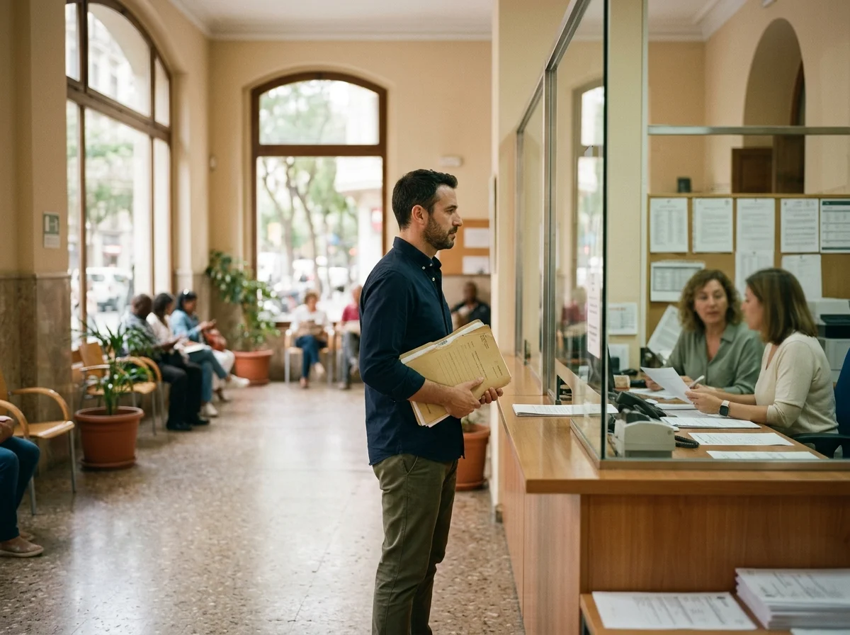 Hombre adulto con una carpeta de documentos junto al mostrador de información de una recepción administrativa española, con dos funcionarios al fondo conversando.
