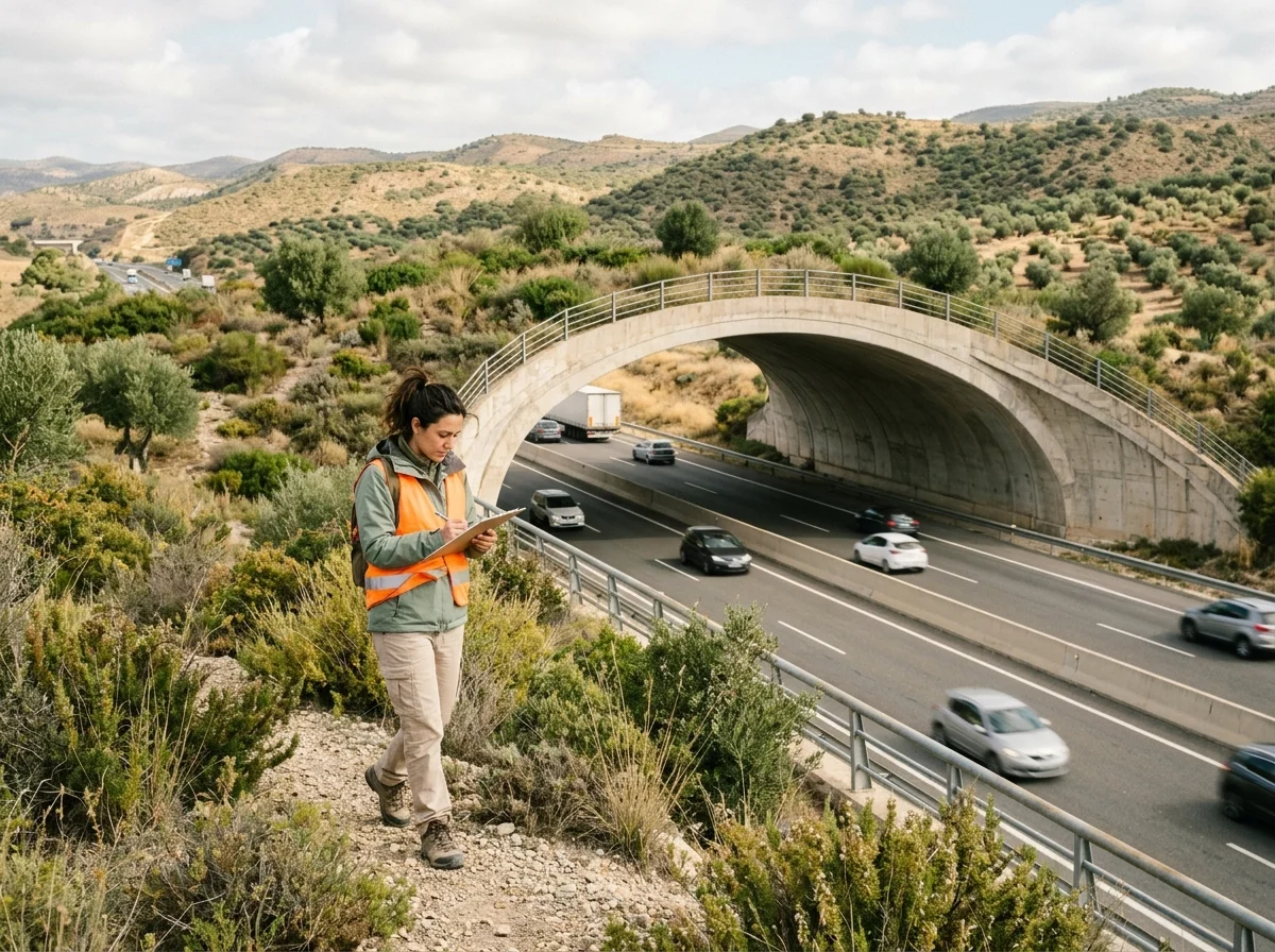 Ingeniera ambiental supervisando una pasarela de fauna cubierta de vegetación sobre una autovía, con monte mediterráneo a ambos lados.